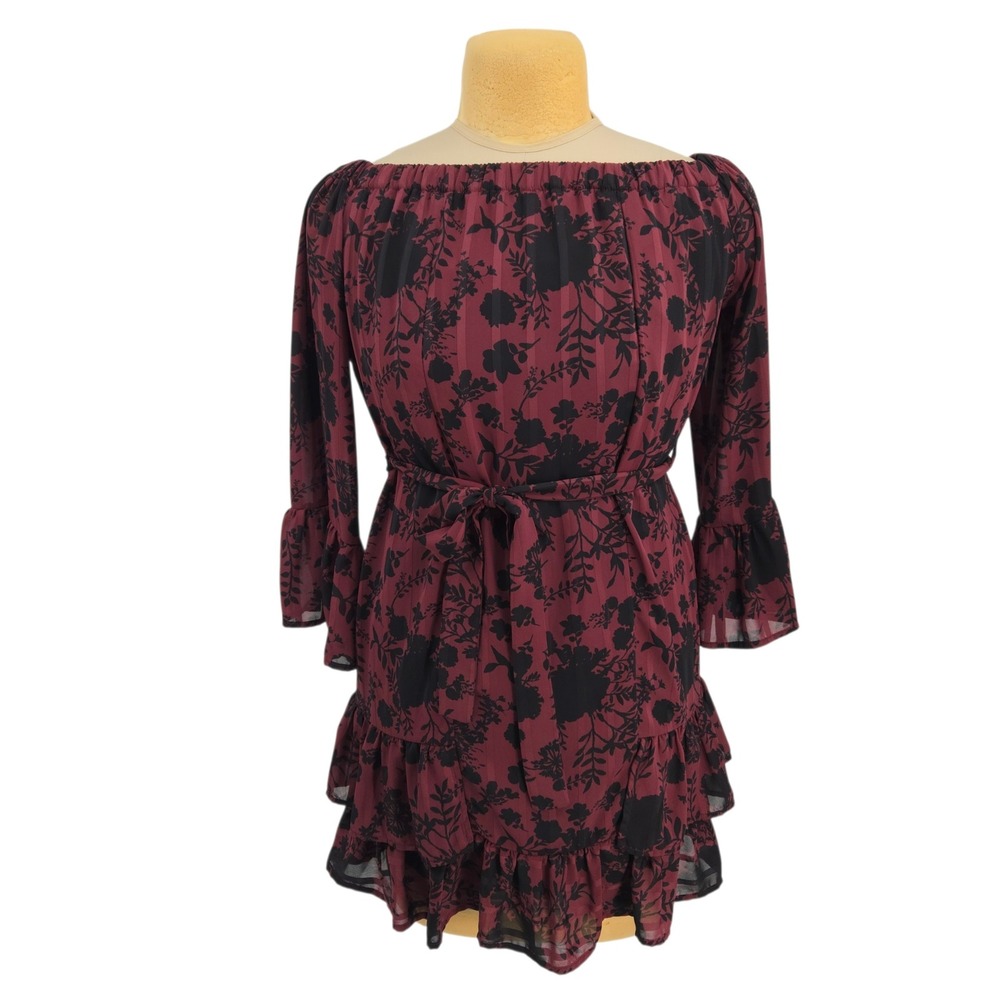 DEX Floral Dress M Burgundy Black Chiffon Ruffle Romantic Cocktail Wedding Guest
